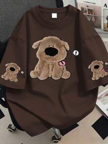 Kaos Wanita Ukuran Besar Lengan Pendek Kerah Bulat Motif Huruf Anjing Kasual Musim Panas - Coffee Brown - View 1