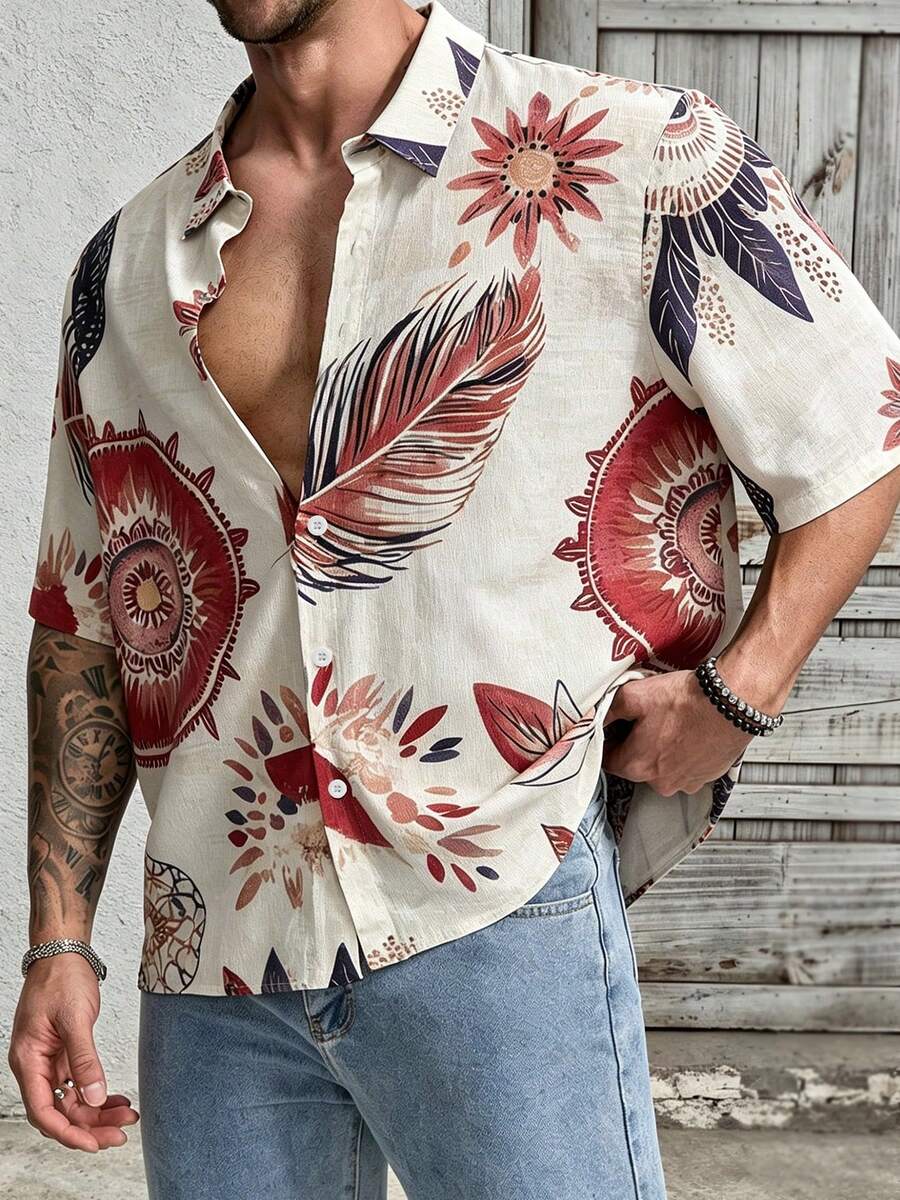 男士纹理印花 Polo 衫,翻领单排扣短袖休闲百搭衬衫,优雅适合节日聚会、派对等场合,是送给父亲、男友、爸爸、朋友的完美礼物。 - 亮橙色 - 查看 1