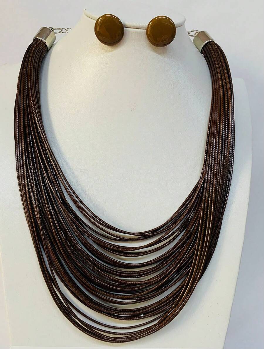 Maxi Waxed Multi-Strand Necklace Set With Button Earrings - 棕色的 - 查看 1