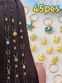 45 piezas Conjunto de accesorios para el cabello de estilo bohemio de playa, scrunchies y pinzas de pelo con estrellas de mar doradas, conchas y perlas, decoraciones de cabello de estilo oceánico de verano para mujeres, pinza de pelo, fiesta - Multicolor - Ver 6