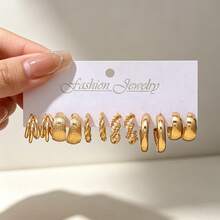 12/48pcs Elegant & Exquisite Gold Tone Earring Set, Unique Geometric Twisted Pearl Design, Versatile Fashion Accessory, Sweet Gift For Female Friends - Gold - View 9
