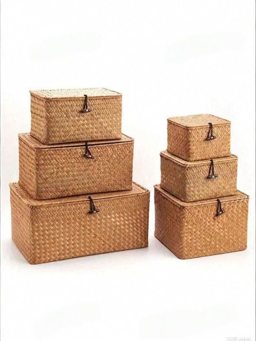 1 hộp đựng đồ đan thủ công bằng cỏ biển có nắp đậy, giỏ đựng đồ dùng văn phòng bằng cỏ biển, hộp đựng đồ ăn nhẹ, chất liệu tự nhiên