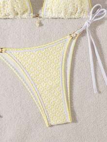 Traje de Verano para Mujer, Bikini Triangular con Tela Calada Decorado con Conchas Azules y Perlas - Amarillo - Ver 5