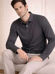 Men's Basic Plain Long-Sleeve Polo Shirt - Dark Grey - View 2