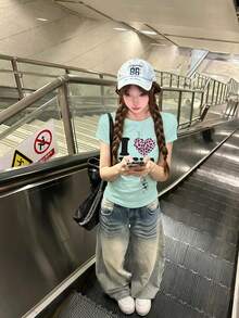 心形字母印花修身短袖T恤，女士夏季美式独特休闲上衣 - 薄荷綠 - 查看 1