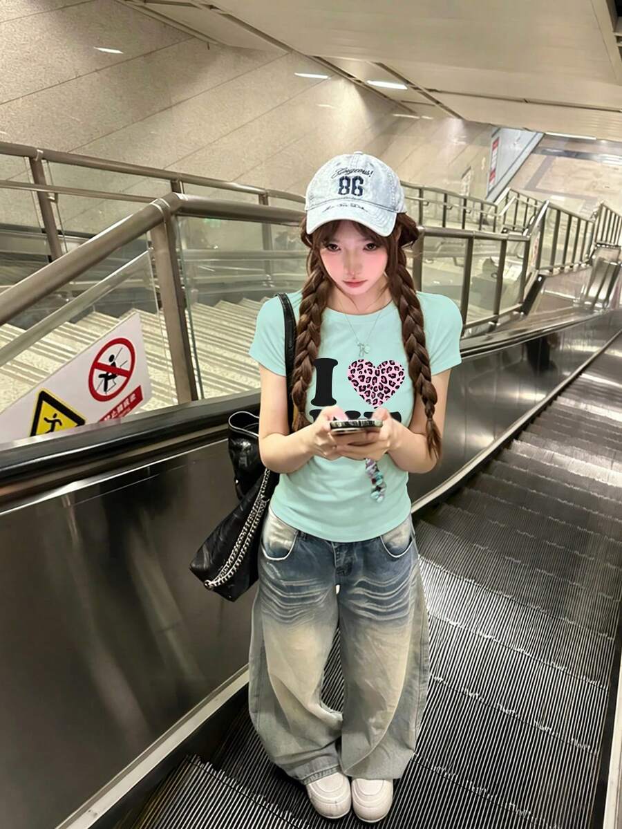 心形字母印花修身短袖T恤,女士夏季美式独特休闲上衣 - 薄荷綠 - 查看 1