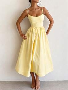 Women's Pastel Yellow Spaghetti Strap Midi Dress, A-Line Flared Skirt, Elegant Casual & Formal Dress Bridal Showers, Garden Parties - 黃色 - 查看 1