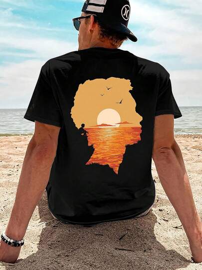 Graphic Print Loose Fit Short Sleeve T-Shirt For Men, Beach & Summer Wear