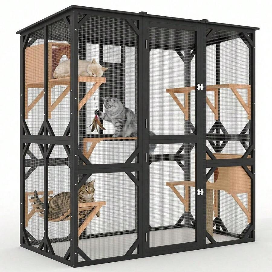 Catio grande de 70 pulgadas con acceso a la ventana, Walk-in Catio, Caja extra grande para gatos al aire libre con 4 plataformas, 2 casas para dormir para múltiples gatos, compatible con túnel para ga - Negro - Ver 1