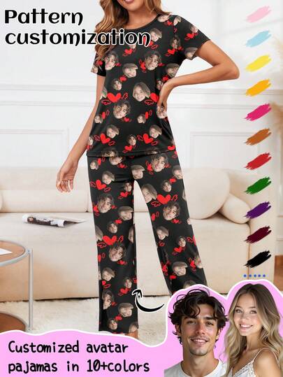 Printstory Customized Women's Short Sleeve Pajama Set, Can Print Any Pattern, Personalized Pajamas With Photos, Funny Customized Images Comfortable Sleepwear. Suitable For Valentine's Day, Birthday, Gifts, Personalized, Colorful, Cute, Witty, Unique, Exclusive, Ideal Girlfriend Gift, Suitable For Girlfriend, Family, Friends, Elders, Fashionable For Autumn, Holiday Party