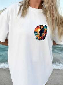 Women's Double-Sided Print T-Shirts, Vintage Style, Surfboard Pattern, Hibiscus Flower, Sunset, Ocean Waves, Pure, , Casual, Loose Fit, Short Sleeves, Round Neck, Oversized Women's T-Shirts. - White - View 2