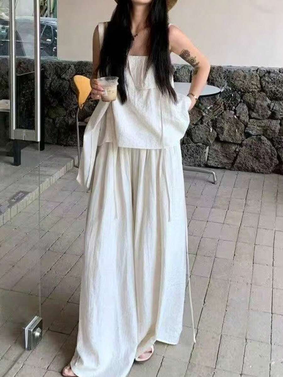 优雅纯色休闲褶皱装饰套装，适合海滩、日常穿着、约会、夏季度假等场合 - 白色 - 查看 1