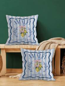2Pcs Lightweight And Smooth French Mediterranean Pillow Covers, Blue And White Striped Lemon Floral Letter Print, For Bedroom Decor, Living Room Decor, Outdoor Decor, Pillow Cases, With Invisible Zipper Design (Pillow Insert Not Included) - Baby Blue - View 5