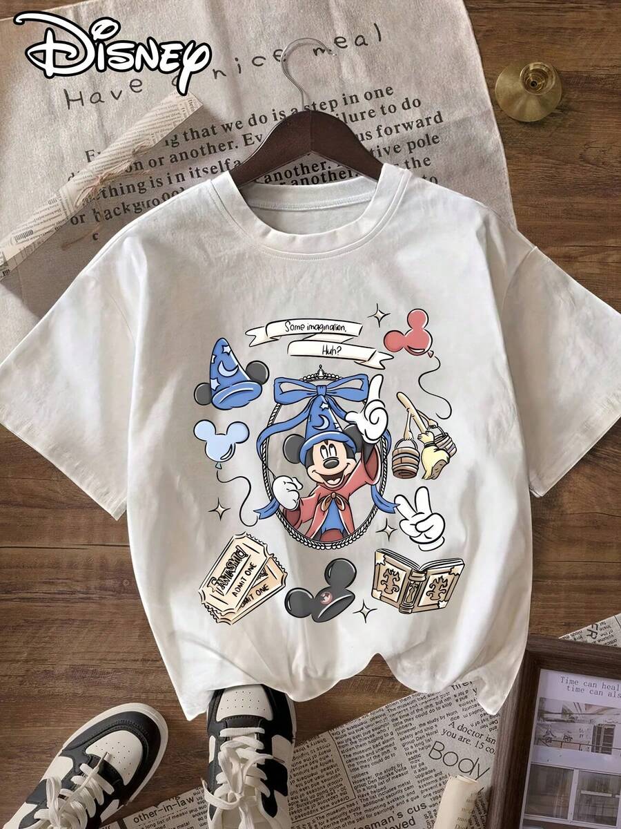 Disney Mickey Patterned Women'S T-Shirt, Casual Round Neck Short Sleeve Tee, Perfect For Everyday Wear - 白色 - 查看 1