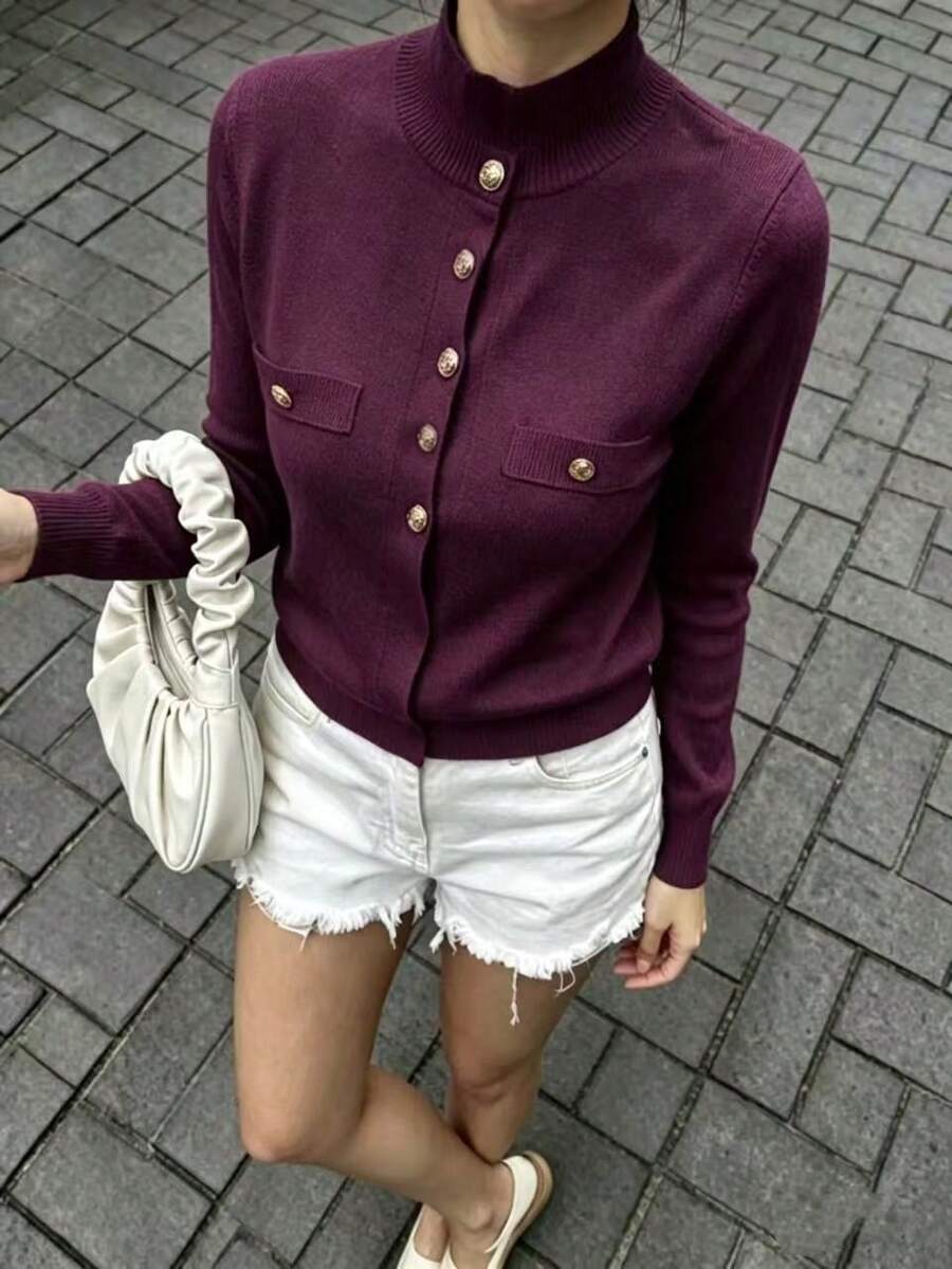 Mohair (Angora) Blouse, Women's Long-Sleeved Blouse, Thick, Printed, Plain, Suitable For Holidays, Vacations, Office, Daily Wear, Autumn, Winter. - Màu tím - Xem 1