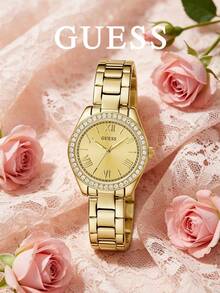 Guess Seria Mini Luna, curea aurie din oțel inoxidabil, cadran perlat auriu-șampanie, decorat cu cristale, accesoriu pentru încheietura mâinii, cadou de zi cu zi și pentru o seară romantică, ceas de damă auriu, cadou pentru mamă sau iubită, ceas de damă la modă GW0841L7 - Aur - Vizualizare 2