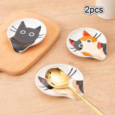 2个3.9英寸可爱猫咪造型陶瓷勺托，迷你可爱瓷质咖啡勺架，小茶匙托盘，适用于咖啡吧配件和咖啡馆装饰