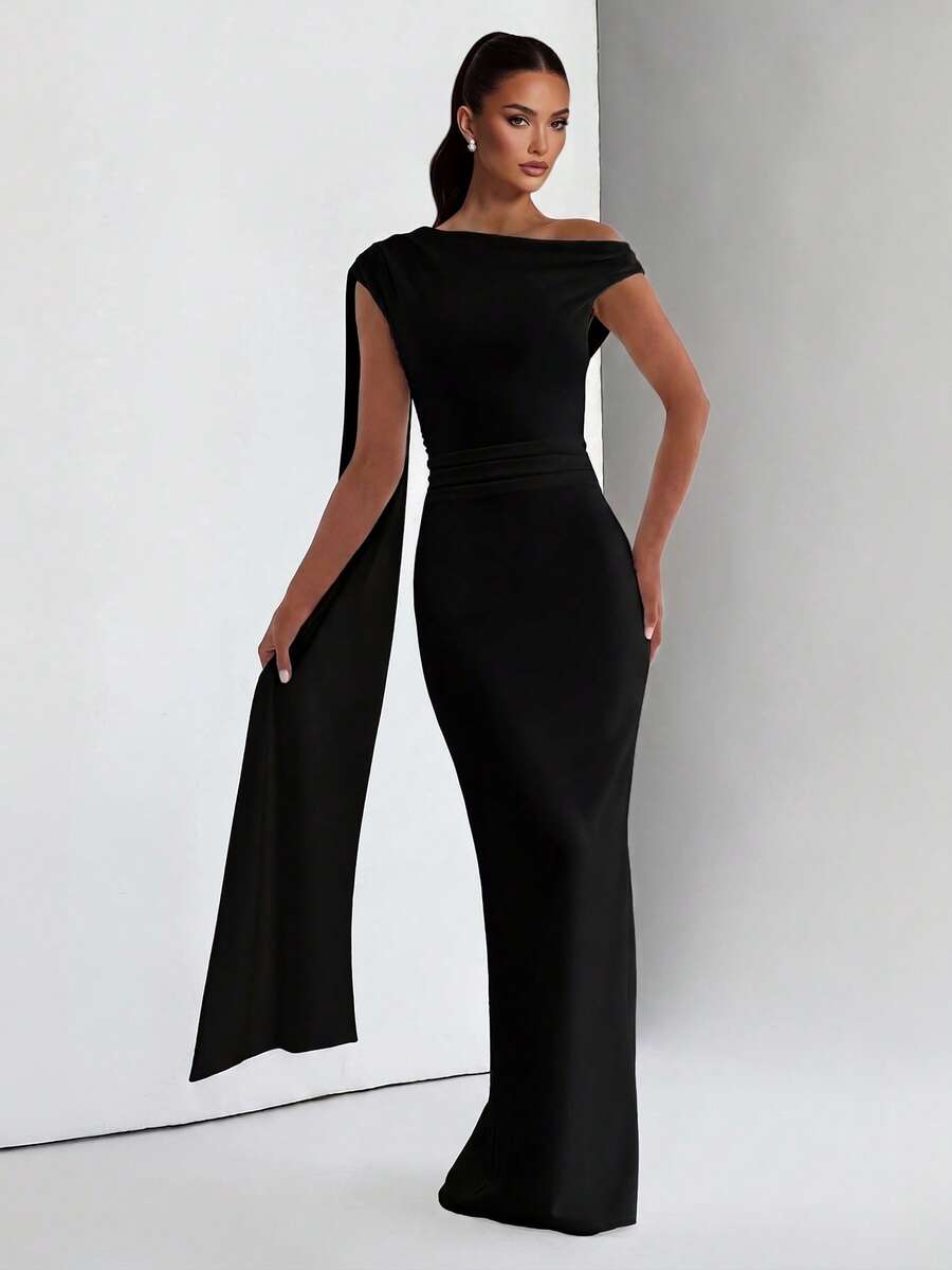 Vestido maxi elegante de unicolor con volantes en el bajo y cremallera, ropa de playa - Negro - Ver 1