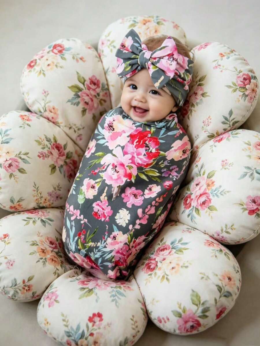 Newborn Receiving Blanket With Bow Headband Set Flower Print Baby Swaddle Blankets With Headband Nursery Swaddle Wrap - Grey Powder Flower - View 1