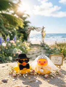 2pcs Romantic Couple Duck Decoration Set, Bride & Groom Rubber Duck Wedding Favors, Bridal Shower Gifts, Party Favors, Wedding Ceremony Gifts, Wedding Anniversary Gifts, White Wedding Dress And Soft Top Hat, Fun & Elegant, Suitable For Couple Commemoration, Wedding Arch Tabletop Decor And Holiday Atmosphere Decoration - A - View 4
