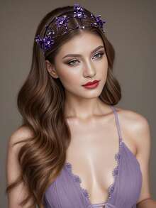 1 pièce Serre-tête en résine violette avec fleur et strass, Accessoire de mode pour cheveux, Coiffe de mariée, Accessoire de cheveux pour mariage, fête, bal, femmes, printemps/été, festival, anniversaire - Prune - Voir 4