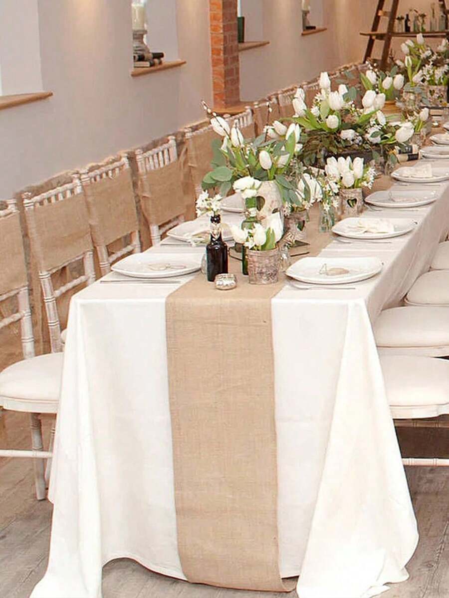 1pc Linen Table Runner, Rustic Burlap Wedding Tablecloth, Rectangular Woven Linen Decorative Tablecloth For Forest Theme Party, Picnic, Farmhouse Decor, Vintage Burlap Roll, Home Decor, Party Decoration, Bridal Shower, Birthday, Holiday, Wedding