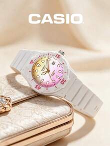 Casio Feminine Analog Watch LRW-200H-4E2 White Resin Women Iridescent Pink Yellow Gradient Dial Round Wristwatch Gold Hands Date 100M Waterproof – Dreamy Aesthetic for Party Brunch Festival Valentine's Day Sweet Gift for Her - 粉黃 - 查看 5