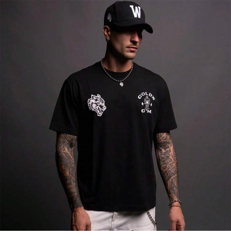 DARCSPORT American-Style Retro T-Shirt For Couples, Men's Top, Pure Cotton Loose-Fit Round-Neck T-Shirt - 黑色 - 查看 1