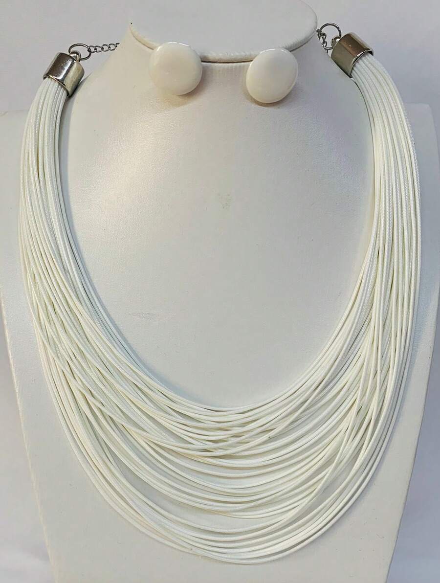 Maxi Waxed Multi-Strand Necklace Set With Button Earrings - 白色 1 - 查看 1