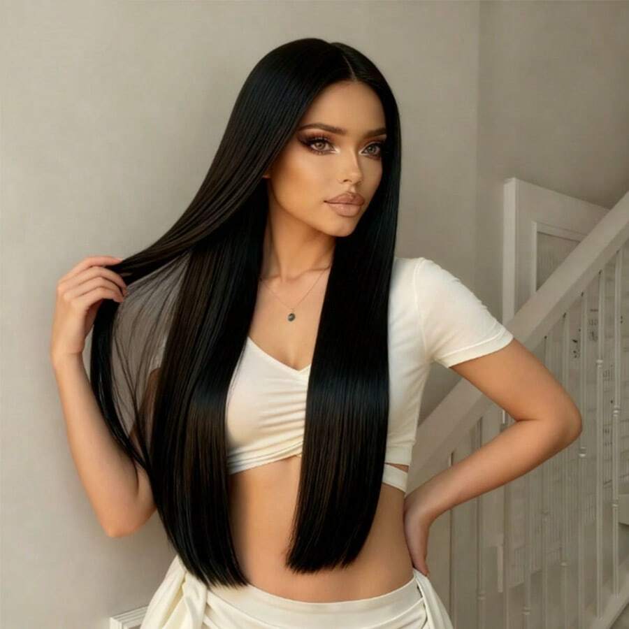 70cm Women's Black Straight Hair Middle Part Wig, Soft And Smooth, High Density, Comfortable And Breathable, Voluminous And Versatile, Suitable For Easter Cosplay, Fits All Women - Multicolor - View 1