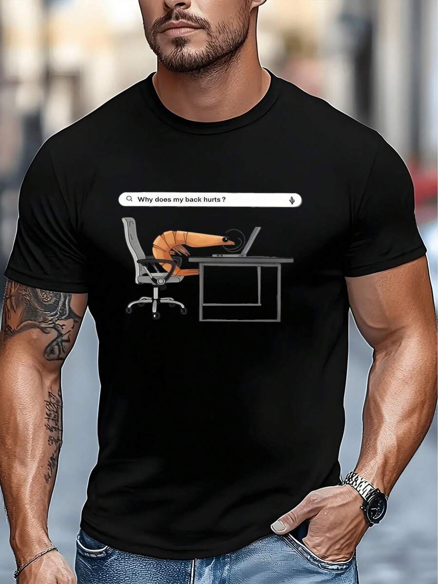 Men's Funny Office Humor T-Shirt - Slouching Shrimp Print Crew Neck Short Sleeve Tee Suitable For Daily Commuting, Casual Wear & Shrimp-Themed Gifts, Machine Washable Non-Slip Shirt For Outdoor Leisure And Office Jokesmänner Tshirt - 黑色 - 查看 1