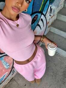 Conjunto de dos piezas básico  2026: camiseta corta ajustada manga corta + pantalón ancho holgado negro, ideal para verano y uso diario casual - Rosa 4 - Ver 6