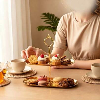 1 chiếc giá đựng bánh cupcake hai tầng bằng thép không gỉ, khay đựng trái cây, đĩa tráng miệng, giá đựng bánh ngọt, khay bánh mì hình bầu dục, tháp bánh, tháp trưng bày bánh cupcake cho tiệc tùng, giá trưng bày món tráng miệng, thích hợp cho bánh sinh nhật, tiệc tùng, đám cưới, tiệc trà chiều.