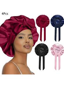 CONFLASS 1件/2件/4件裝 奢華緞面絲綢睡眠帽 - 可調節舒適貼合帶繫帶 - 男女通用夜間護髮 - 彩色 - 查看 8