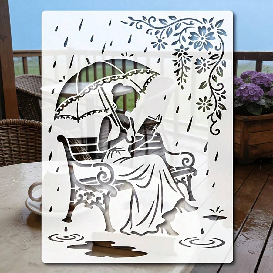 A Reusable Template, Very Suitable For Handmade, Is An Elegant Lady In The Rain Pattern, Containing Raindrops And Human Figures, Size 11.7x8.3 (30x21cm) - A - View 1