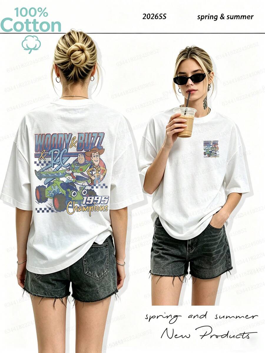 Disney Licensed "Toy Story" Pattern Women's Crew Neck 100% Cotton T-Shirt - Lightweight Summer Casual Short Sleeve, Easy To Machine Wash, Versatile Everyday Top, Fashionable Design, Breathable Fabric, A Must-Have For Pop Culture Fans - 白色 - 查看 1