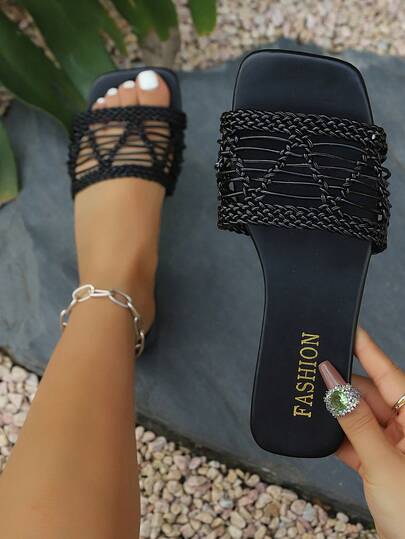 Dép xăng đan đế bằng mũi vuông dệt kiểu dáng thường ngày dành cho nữ, dép xỏ ngón khoét lỗ, giày dép thoải mái cỡ lớn dành cho nữ.