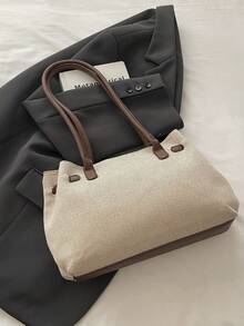 New Vintage Fashion Linen Tote Bag, Metal Strap Decoration, Zipper Closure, Lightweight Minimalist, Large Capacity Shoulder Bag. Suitable For Women's Daily Life, Casual, Commuting, Work, Vacation And Student Use - Coffee - View 5