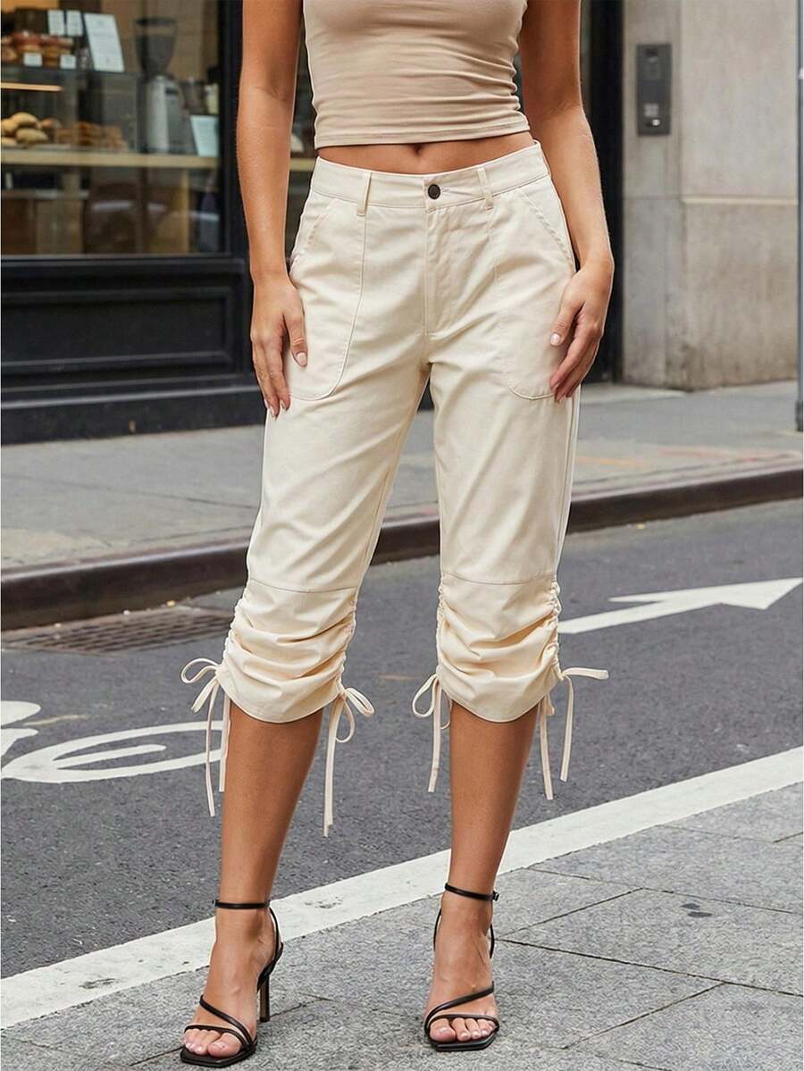 Drawstring Cuff Slim Capri Pants, Y2K Solid Color Cropped Trousers, Women Spring Summer Daily Bottoms - Khaki - View 1
