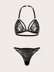 Conjunto de Lencería con Arnés de Encaje Floral Gótico, Estilo Baddie - Negro - Ver 6
