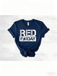May 5th Day Casual T-Shirt 100% Cotton Women's Summer Top. On Fridays We Wear Red Shirts, We Wear Red To Remember Everyone's Deployment. American Flag American Veterans T-Shirt, American Flag T-Shirt 180g Breathable Cotton Tee, All Match - 藏蓝色 - 查看 6