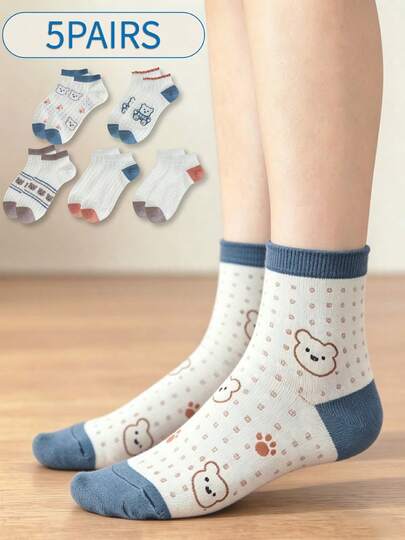 5 Pairs Women's Cartoon Bear Mesh Ankle Socks, Breathable Moisture-Wicking, Soft & Cute Japanese Style Versatile Socks For Students, Spring/Summer