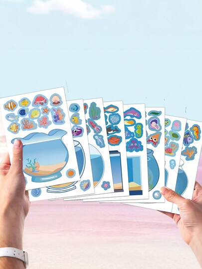 8pcs/Set Cute Aquarium Sticker Set - DIY Fish Tank Decals, Reward Stickers, Birthday Gift, Mixed Colors, Arts & Crafts, Fun Toy Stickers, Geometric Patterns, Self-Adhesive, Asymmetrical Shapes, Blue, Suitable For Plastic Surfaces
