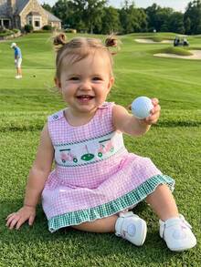 Vestido de tirantes para bebé niña, moderno, con bordado de golf, sin mangas, cuello redondo y estampado a cuadros. - Rosa - Ver 4