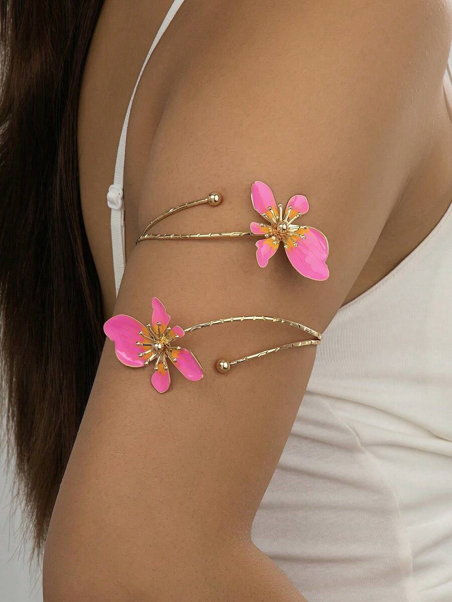 1 chiếc vòng tay bản rộng kiểu cổ điển, sang trọng, tráng men, họa tiết hoa, thích hợp cho đi biển, dự tiệc, tiệc chiêu đãi và đeo hàng ngày. - Màu Hồng Tươi - Xem 1