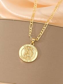 1pc 14K Gold Plated Copper Vintage Style Catholic Saint Anthony Necklace, Saint Anthony Pendant Engraved With "Saint Anthony Pray For Us", Restoring Classic Religious Elements, Symbolizing Faith Protection And Spiritual Comfort, Suitable For Men And Women Daily Wear, Commuting, Church, Prayer And Other Occasions, Can Be Paired With Casual Or Formal Attire To Show Solemn Texture. - Yellow Gold - View 2