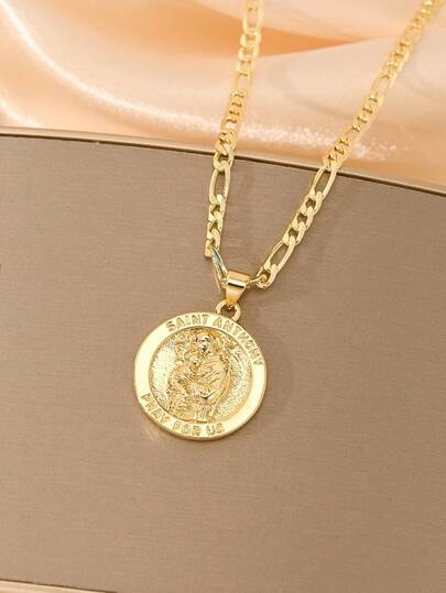 1PC Catholic Retro Style Necklace, Made Of 14k Gold Plated Copper Material, The St. Anthony Pendant Is Engraved With The Words "SAINT ANTHONY PRAY FOR US", Restoring Classic Religious Elements, Symbolizing Faith Protection And Spiritual Sustenance, Suitable For Daily Wear By Men And Women, Suitable For Commuting, Church, Prayer And Other Scenarios, Matching Casual Or Formal Wear To Show Solemn Texture.