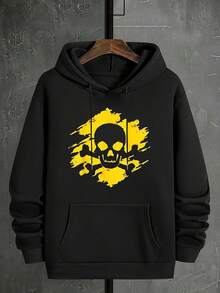 Skull Pattern Printed Men's Hooded Sweatshirt, With Kangaroo Pocket, Casual Pullover, Suitable Spring And Autumn Wear, 280 Grams - Black - View 2