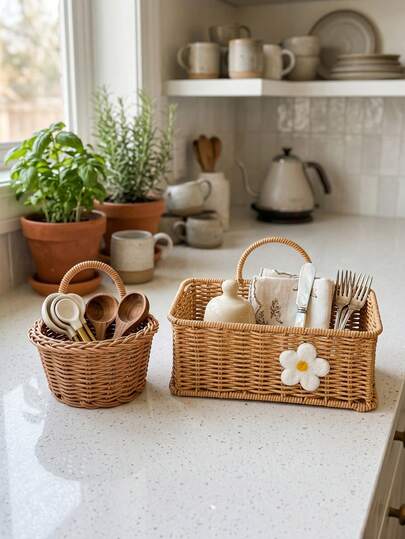 1 giỏ đựng đồ nhà bếp giả mây PP, đa năng dùng để đựng dụng cụ, cốc chén và các vật dụng nhỏ, món quà tốt nghiệp hoàn hảo.