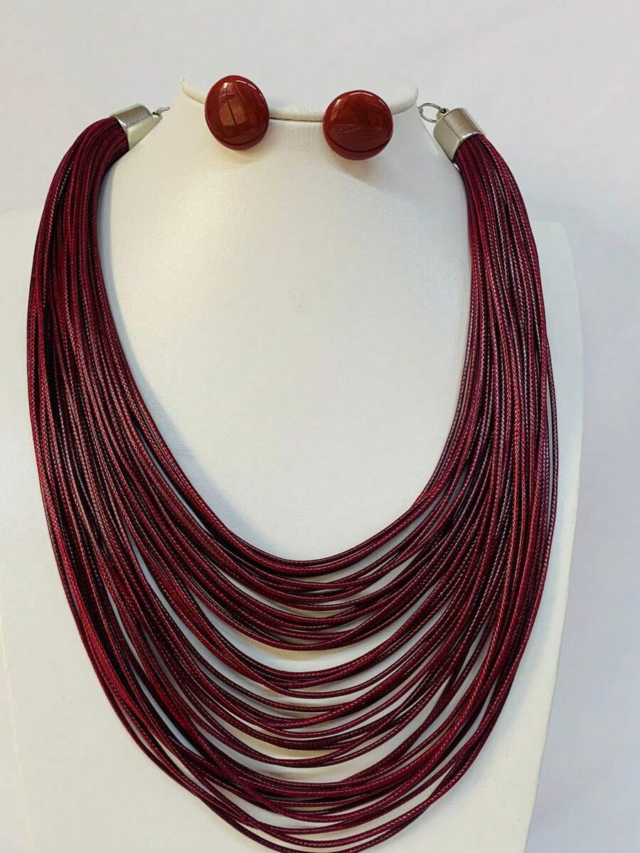 Maxi Waxed Multi-Strand Necklace Set With Button Earrings - 多色 8 - 查看 1